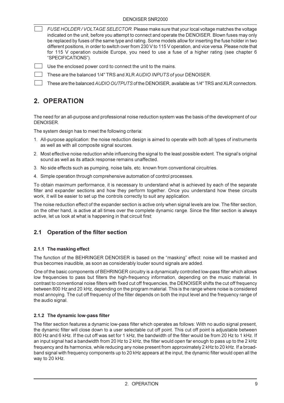 Operation | Behringer SNR2000 User Manual | Page 9 / 26