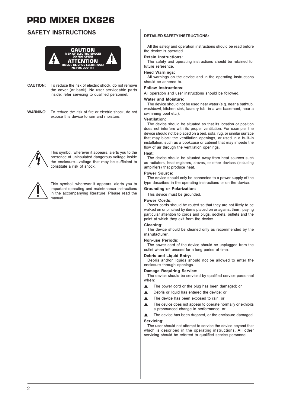 Pro mixer dx626, Safety instructions | Behringer DX626 User Manual | Page 2 / 8