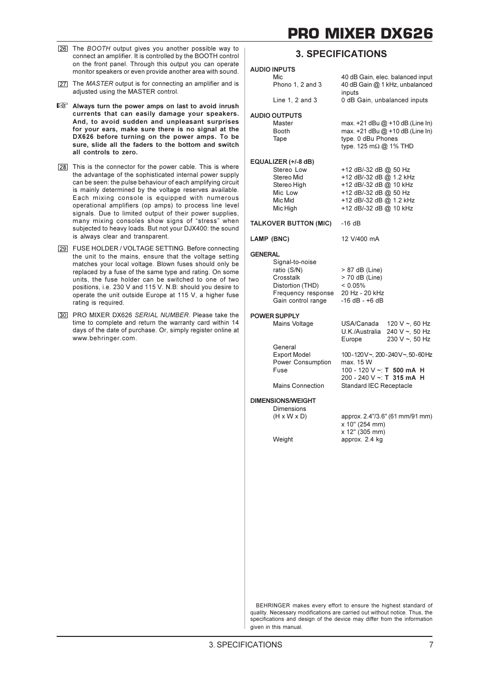 Pro mixer dx626, Specifications | Behringer DX626 User Manual | Page 7 / 8