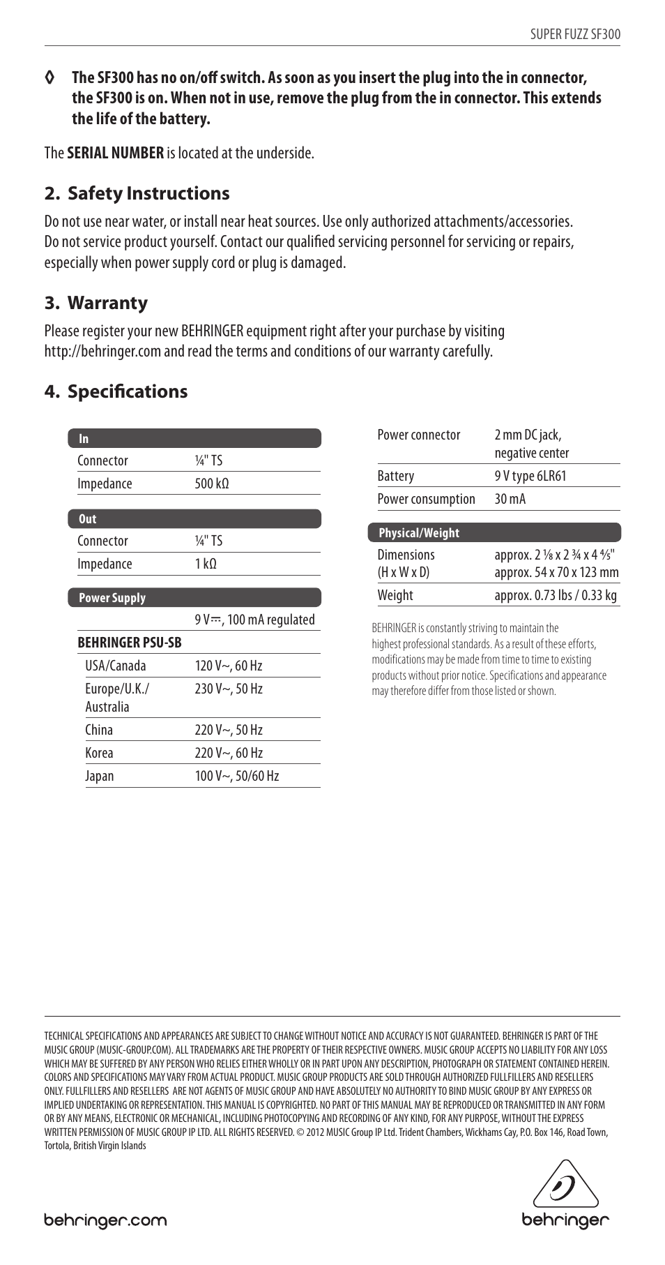 Safety instructions, Warranty, Specifications | Behringer Super Fuzz SF300 User Manual | Page 2 / 2
