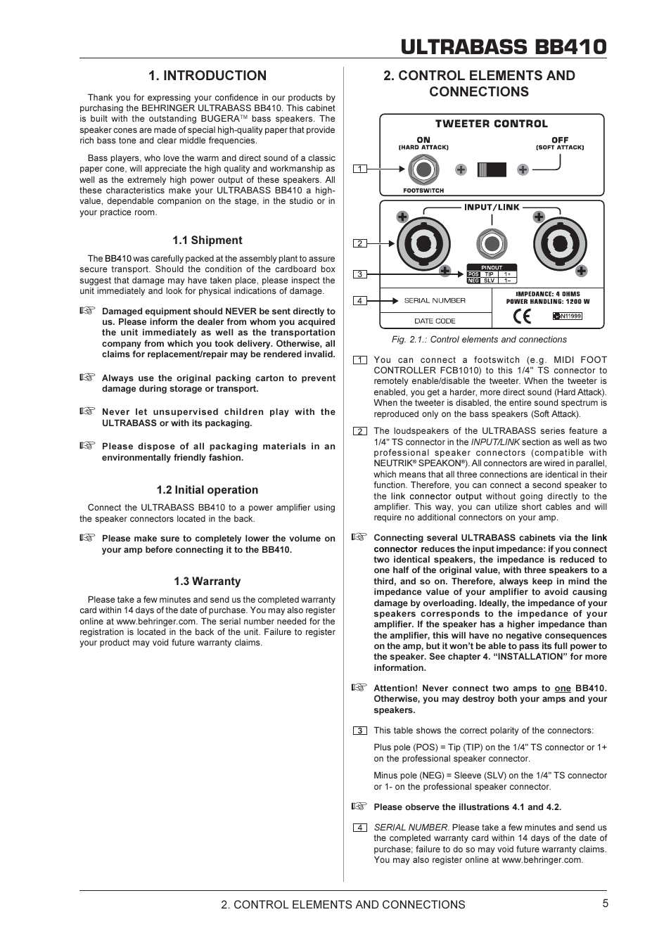 Ultrabass bb410, Introduction, Control elements and connections | Behringer BB410 User Manual | Page 5 / 9
