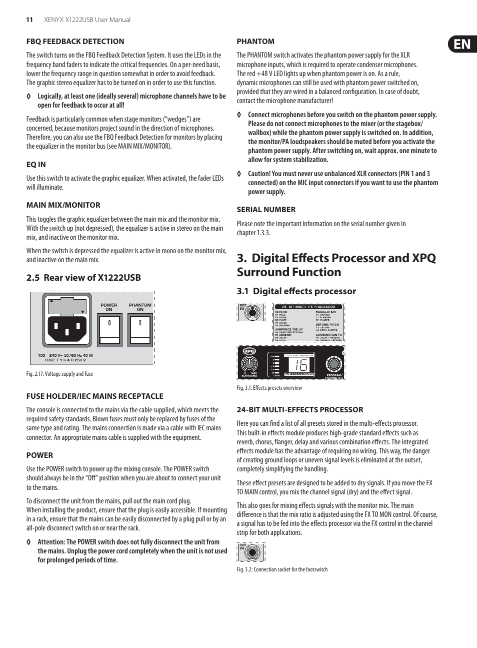 5 rear view of x1222usb, 1 digital effects processor, Digital effects processor and | Xpq surround function | Behringer XENYX USB X1222 User Manual | Page 11 / 16