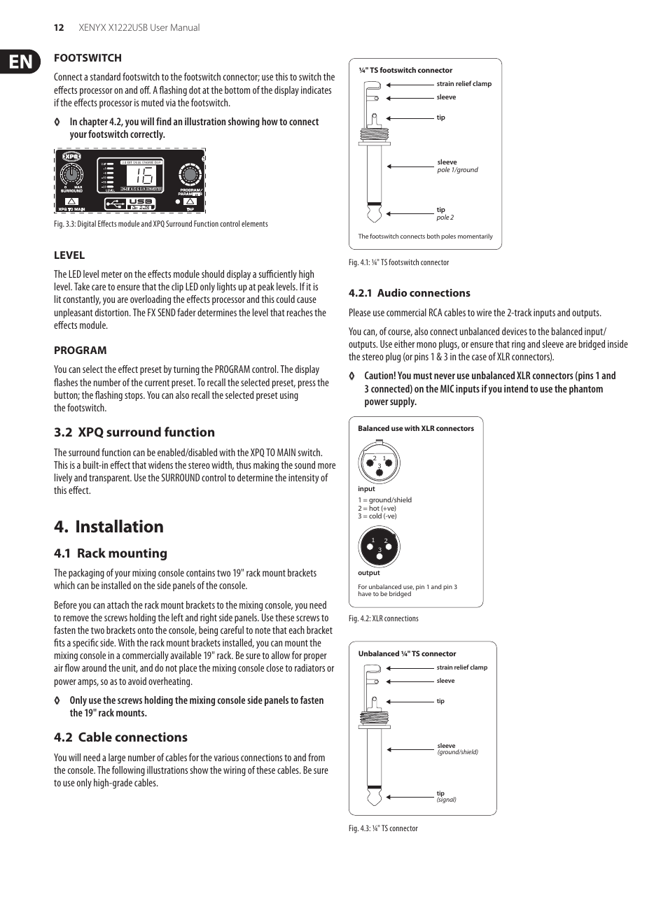 2 xpq surround function, Installation, 1 rack mounting | 2 cable connections, 1 rack mounting 4.2 cable connections | Behringer XENYX USB X1222 User Manual | Page 12 / 16