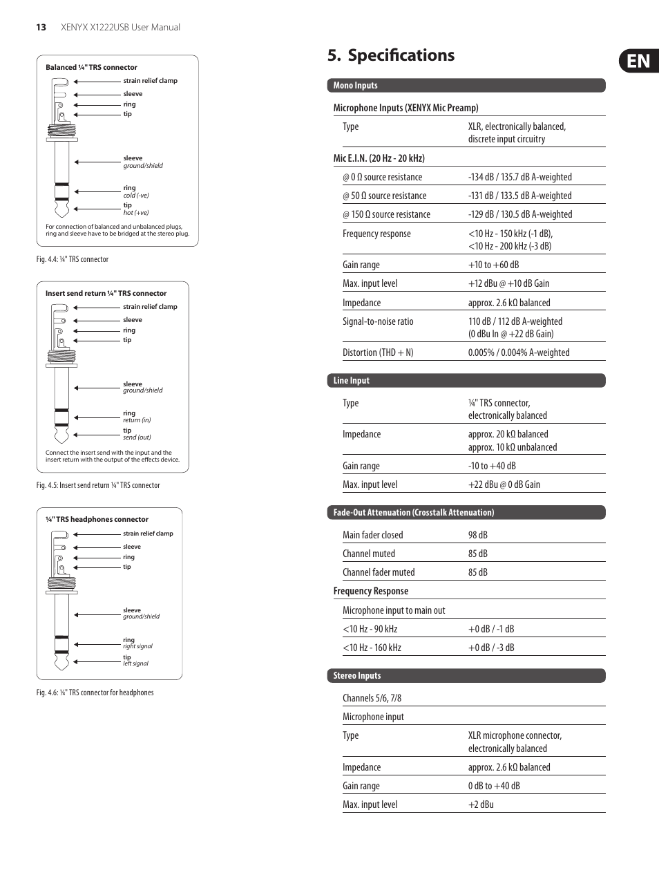 Specifications | Behringer XENYX USB X1222 User Manual | Page 13 / 16