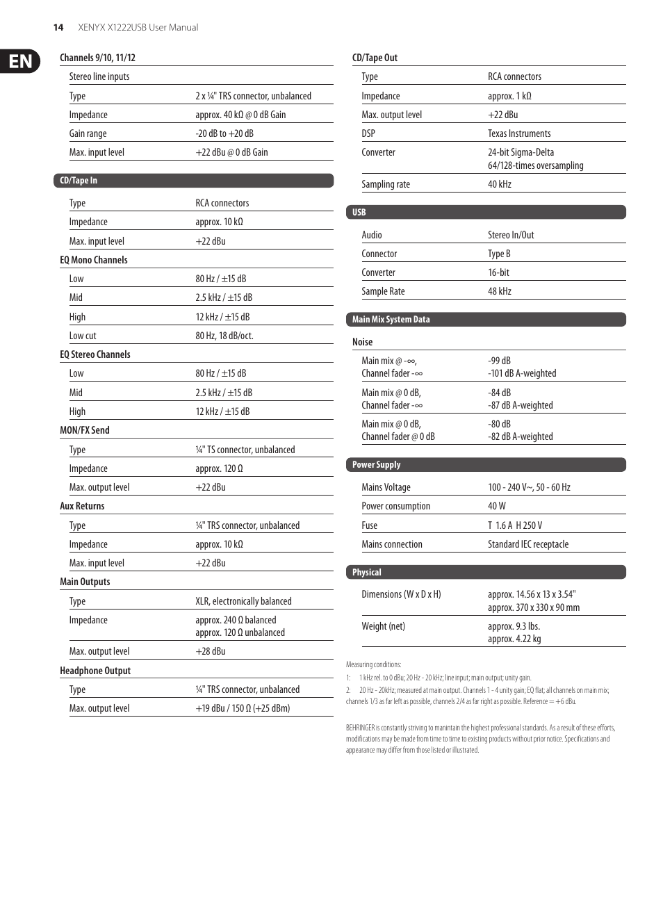 Behringer XENYX USB X1222 User Manual | Page 14 / 16