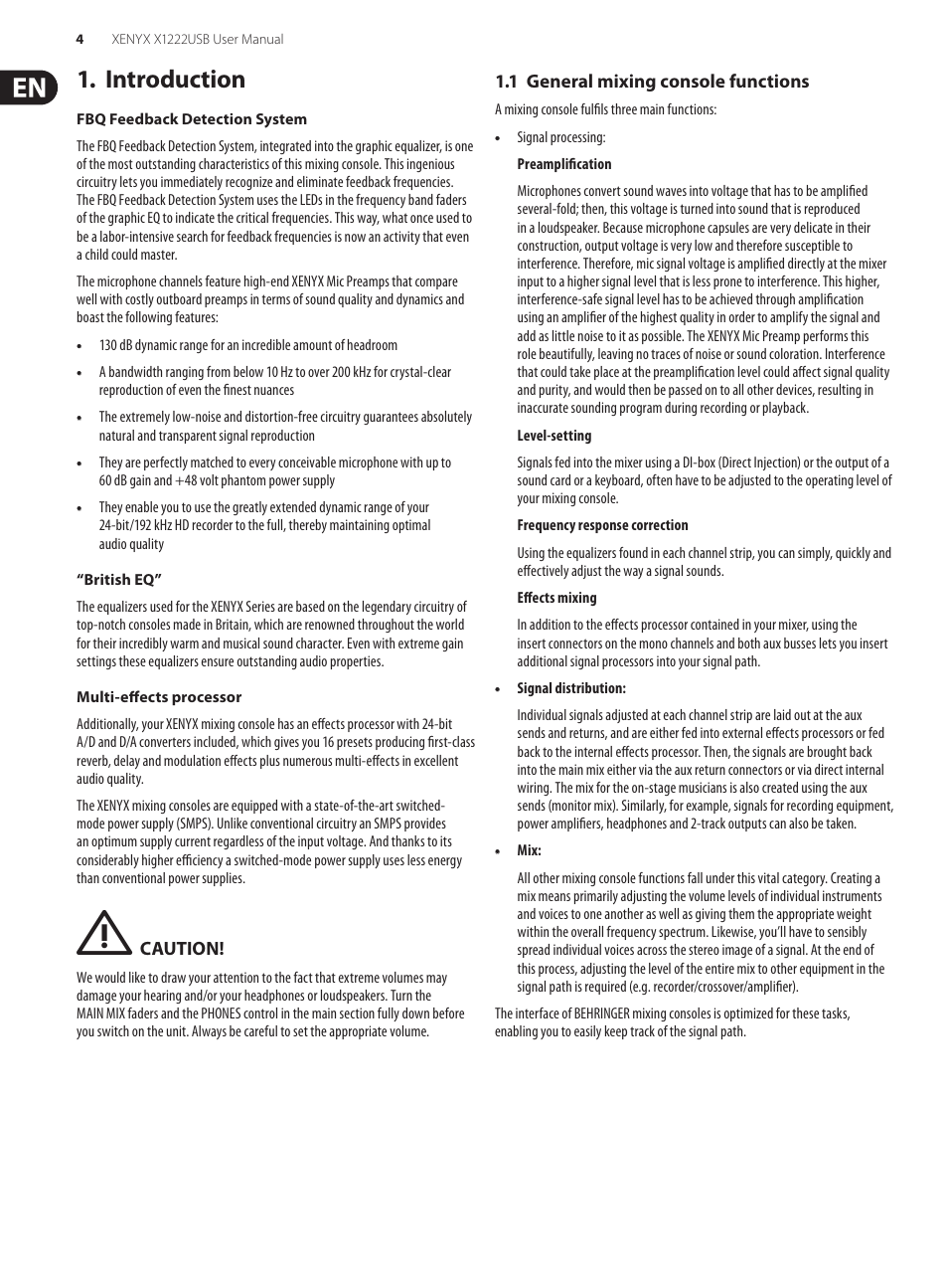 Introduction, 1 general mixing console functions | Behringer XENYX USB X1222 User Manual | Page 4 / 16