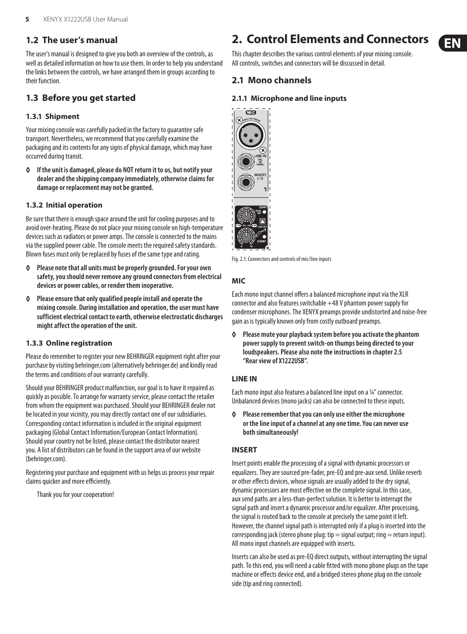 2 the user’s manual, 3 before you get started, Control elements and connectors | 1 mono channels, 2 the user’s manual 1.3 before you get started | Behringer XENYX USB X1222 User Manual | Page 5 / 16