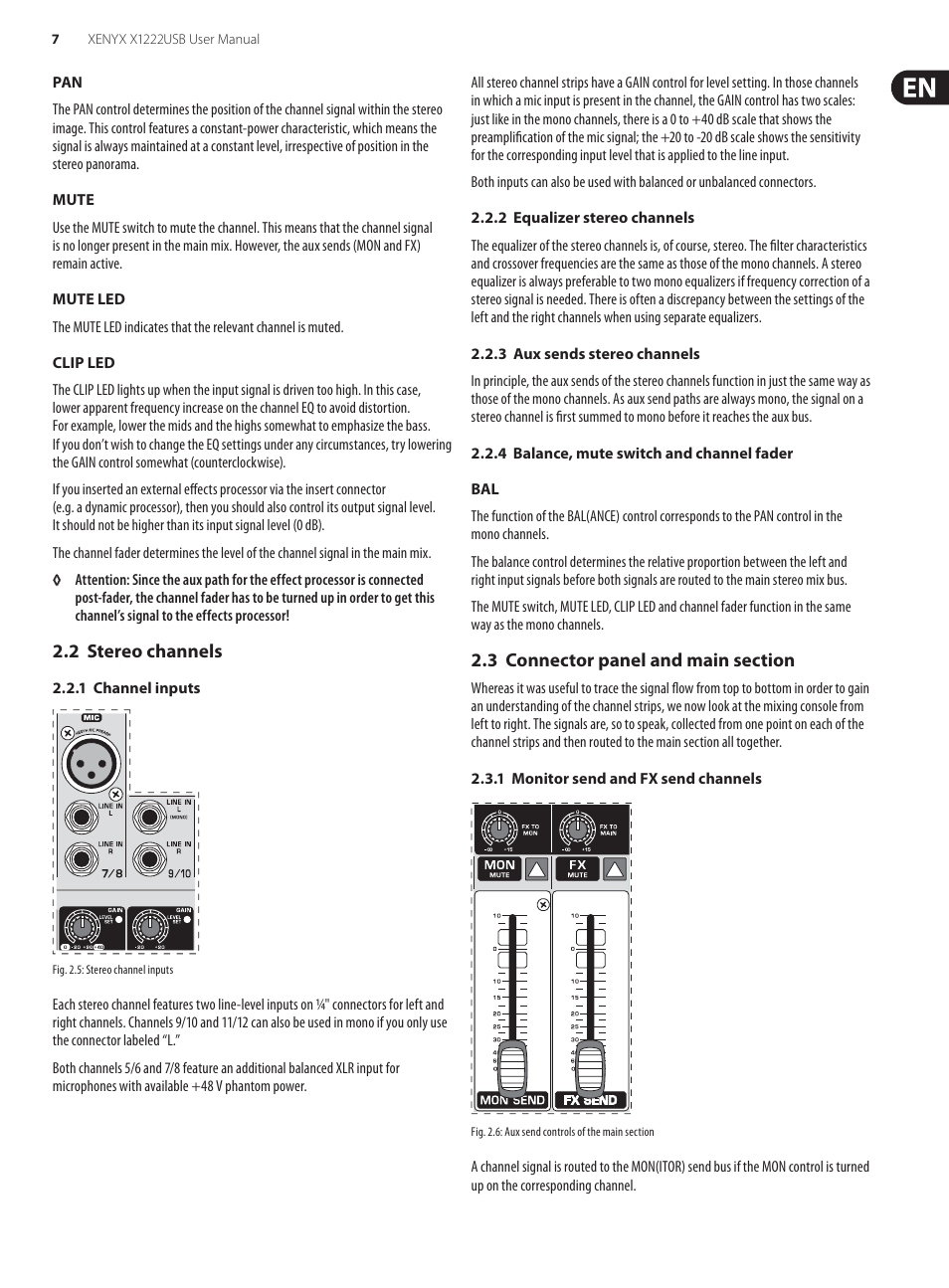 2 stereo channels, 3 connector panel and main section | Behringer XENYX USB X1222 User Manual | Page 7 / 16