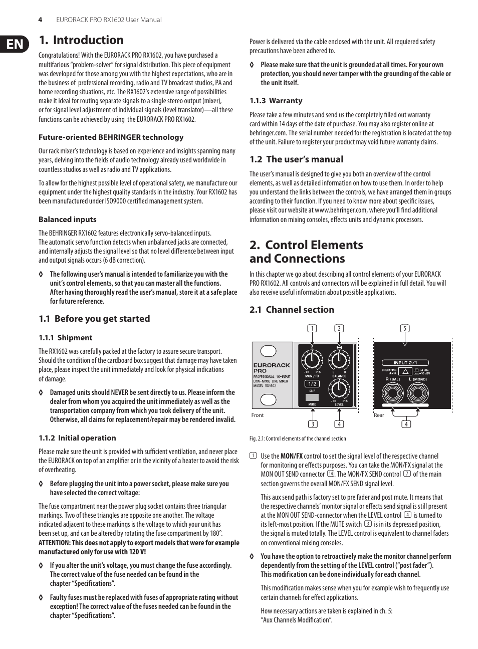 Introduction, 1 before you get started, 1 shipment | 2 initial operation, 3 warranty, 2 the user’s manual, Control elements and connections, 1 channel section, 1 shipment 1.1.2 initial operation 1.1.3 warranty | Behringer Eurorack Pro RX1602 User Manual | Page 4 / 11