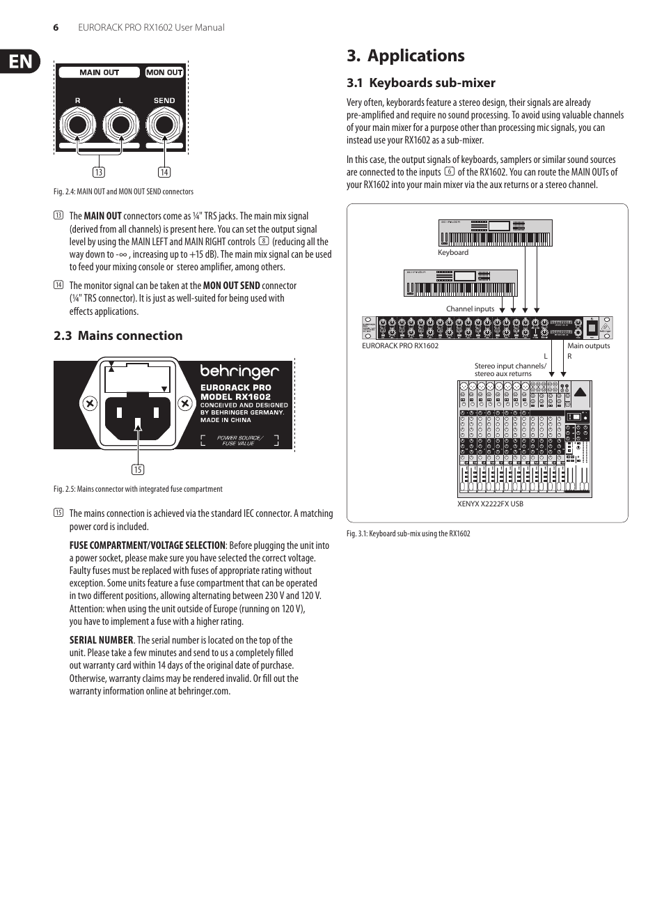 3 mains connection, Applications, 1 keyboards sub-mixer | Behringer Eurorack Pro RX1602 User Manual | Page 6 / 11