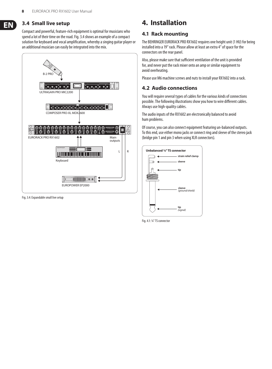 4 small live setup, Installation, 1 rack mounting | 2 audio connections, 1 rack mounting 4.2 audio connections | Behringer Eurorack Pro RX1602 User Manual | Page 8 / 11