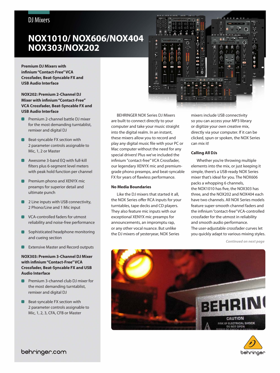 Behringer Premium DJ Mixers with infiniumContact-FreeVCA Crossfader NOX1010 User Manual | 20 pages