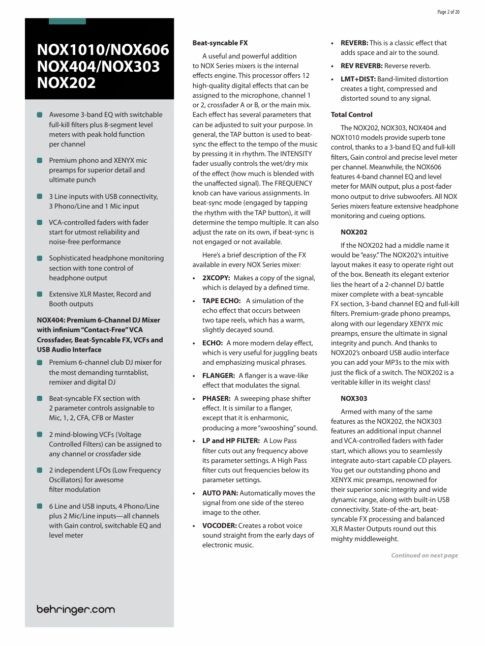 Behringer Premium DJ Mixers with infiniumContact-FreeVCA Crossfader NOX1010 User Manual | Page 2 / 20