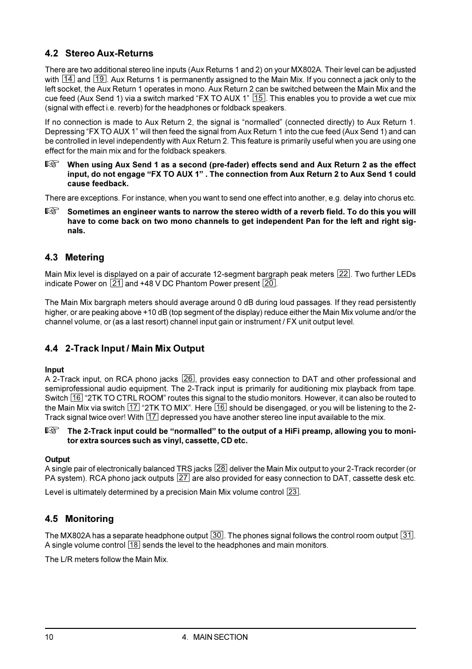 2 stereo aux-returns, 3 metering, 4 2-track input / main mix output | 5 monitoring | Behringer Eurorack User Manual | Page 10 / 18