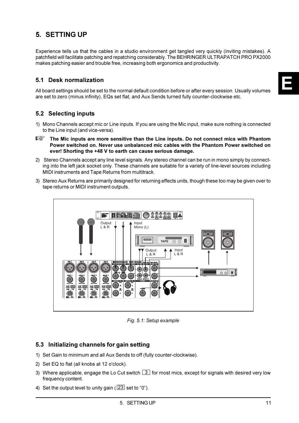 Setting up, 1 desk normalization, 2 selecting inputs | 3 initializing channels for gain setting | Behringer Eurorack User Manual | Page 11 / 18