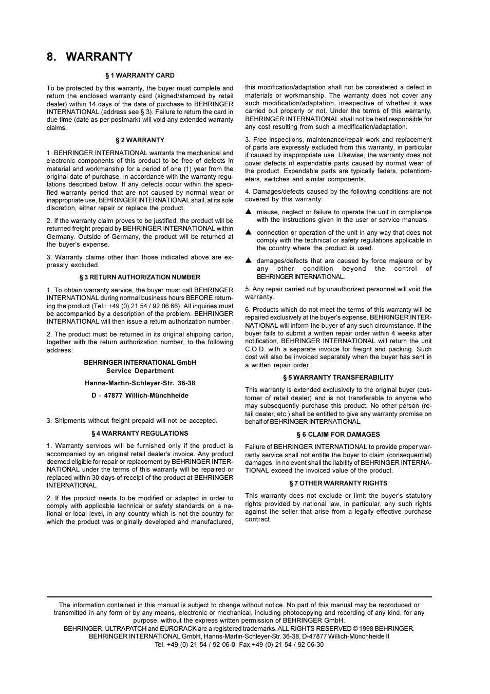 Warranty | Behringer Eurorack User Manual | Page 18 / 18