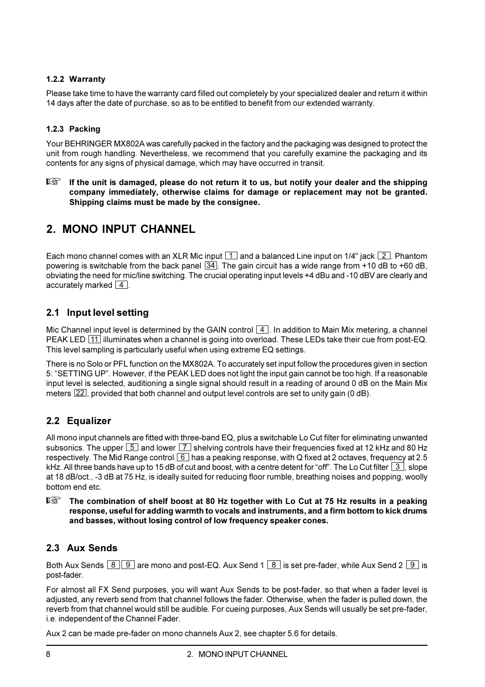 2 warranty, 3 packing, Mono input channel | 1 input level setting, 2 equalizer, 3 aux sends | Behringer Eurorack User Manual | Page 8 / 18