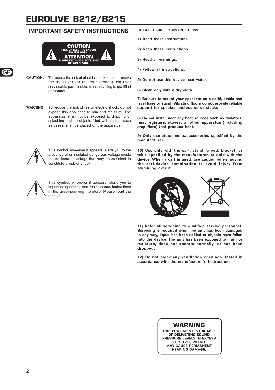 Important safety instructions | Behringer B212/B215 User Manual | Page 2 / 8