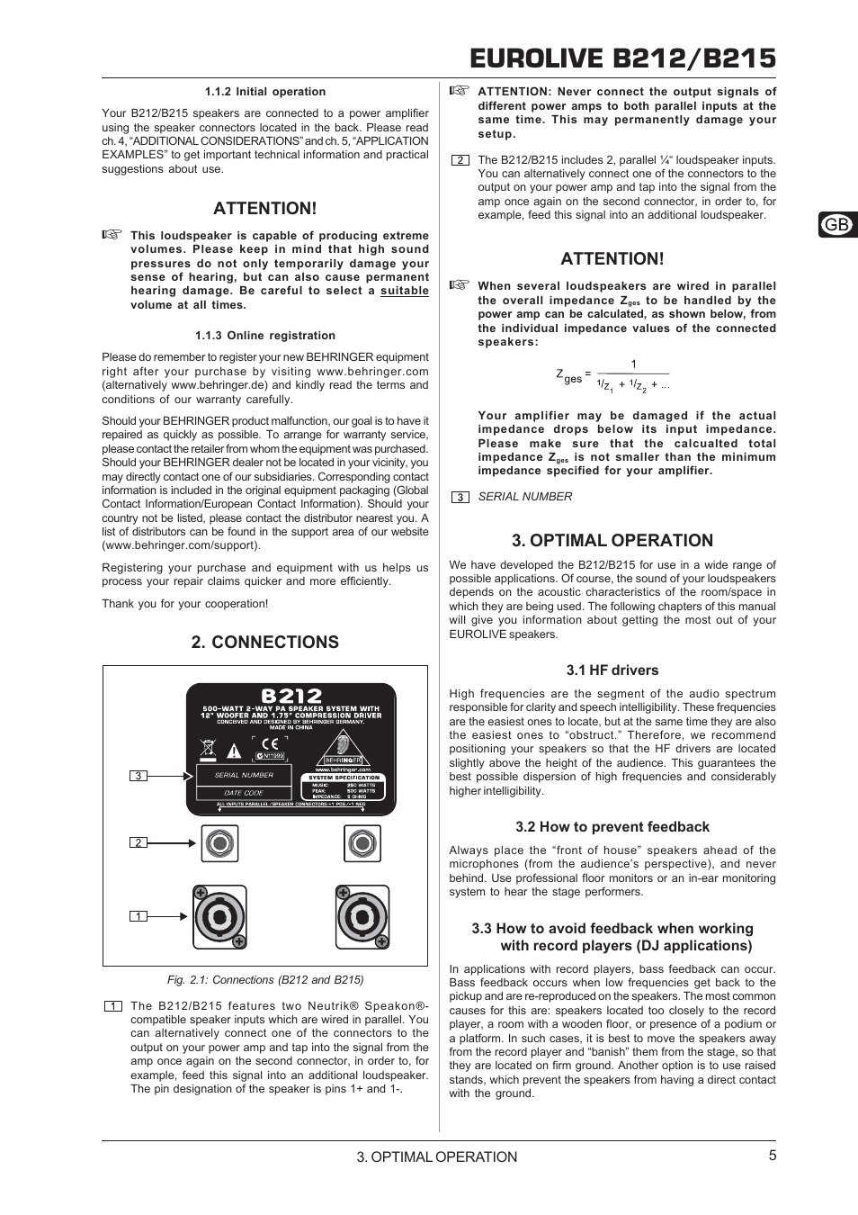 2 initial operation, 3 online registration, Connections | Optimal operation, 1 hf drivers, 2 how to prevent feedback, 2 initial operation 1.1.3 online registration, With record players (dj applications), Attention | Behringer B212/B215 User Manual | Page 5 / 8