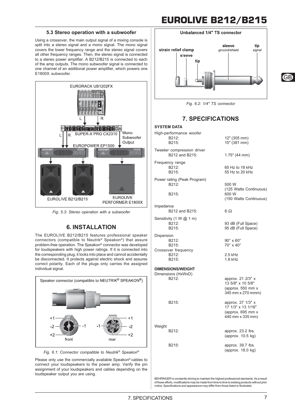 3 stereo operation with a subwoofer, Installation, Specifications | Warranty | Behringer B212/B215 User Manual | Page 7 / 8