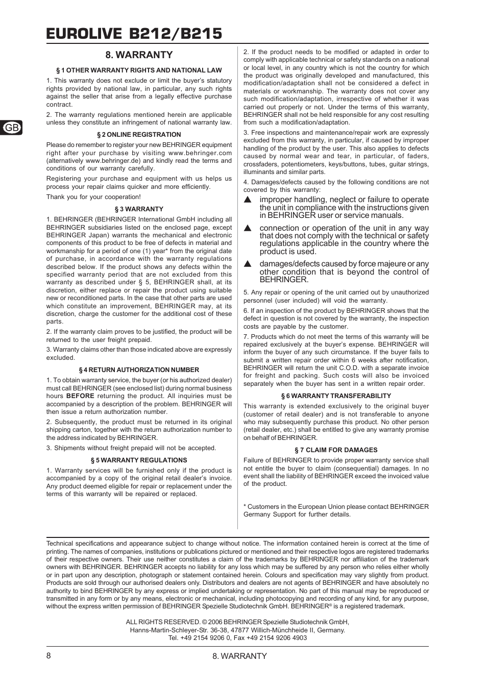 Warranty | Behringer B212/B215 User Manual | Page 8 / 8