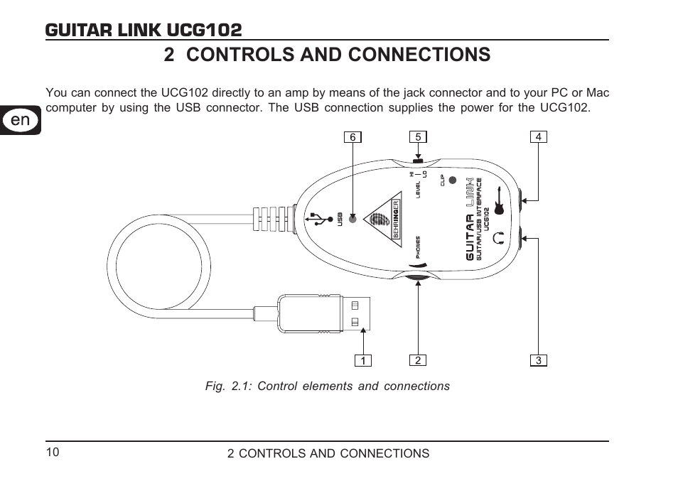 Guitar link ucg102, 2 controls and connections | Behringer GUITAR LINK UCG102 User Manual | Page 10 / 26