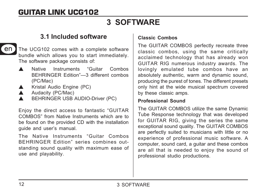 Guitar link ucg102 3 software, 1 included software | Behringer GUITAR LINK UCG102 User Manual | Page 12 / 26