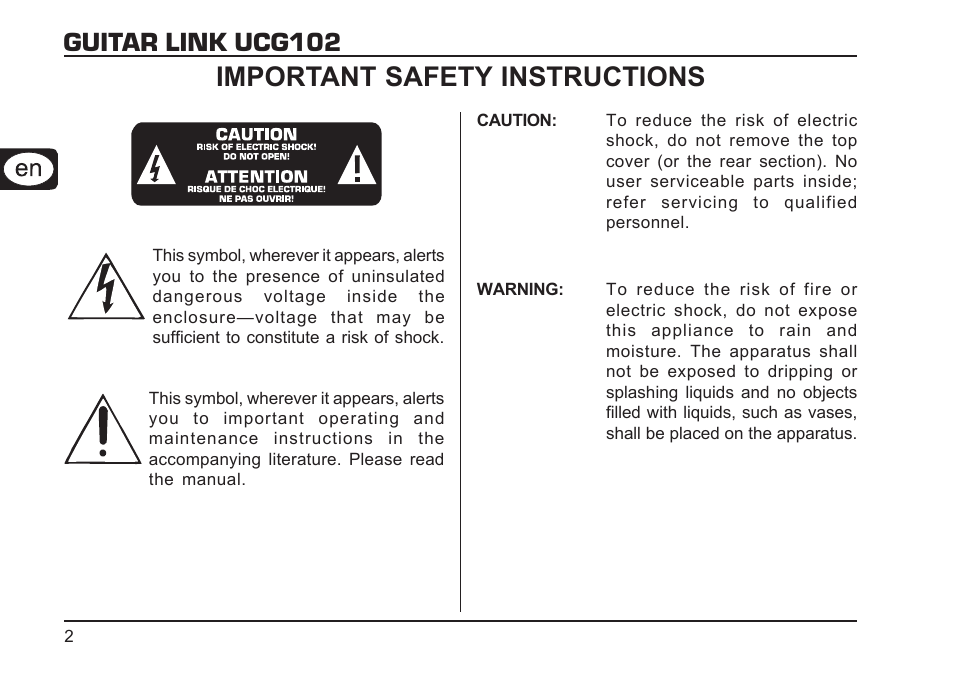 Guitar link ucg102, Important safety instructions | Behringer GUITAR LINK UCG102 User Manual | Page 2 / 26