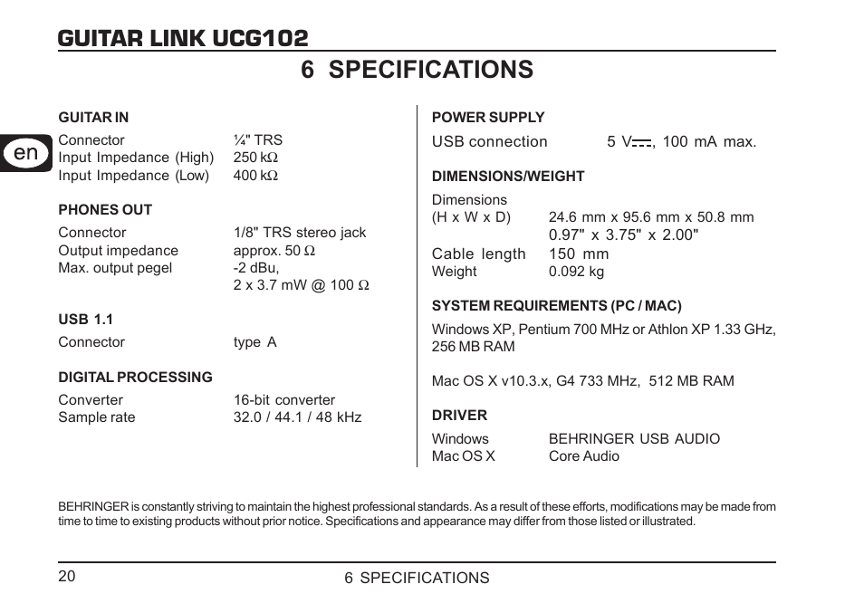 Guitar link ucg102 6 specifications | Behringer GUITAR LINK UCG102 User Manual | Page 20 / 26