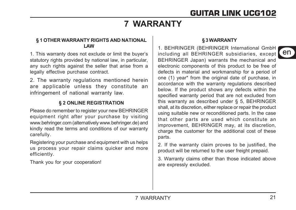 Guitar link ucg102, 7 warranty, Deutsch | Behringer GUITAR LINK UCG102 User Manual | Page 21 / 26