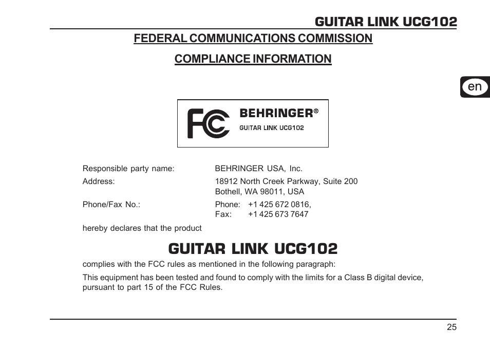 Guitar link ucg102, Deutsch | Behringer GUITAR LINK UCG102 User Manual | Page 25 / 26