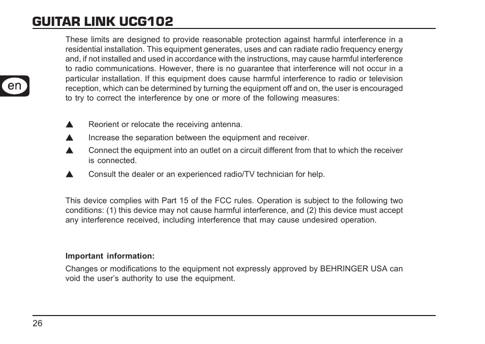 Guitar link ucg102 | Behringer GUITAR LINK UCG102 User Manual | Page 26 / 26