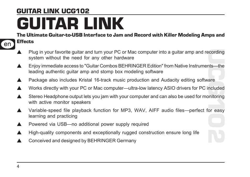 Ucg102, Guitar link | Behringer GUITAR LINK UCG102 User Manual | Page 4 / 26