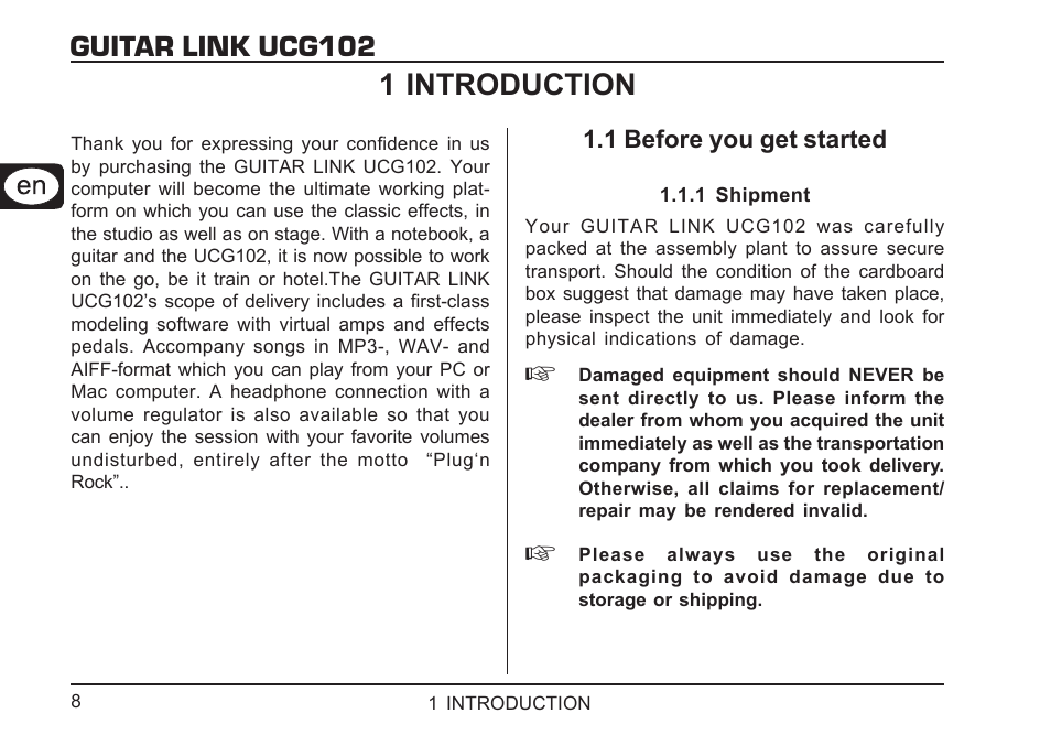 Guitar link ucg102, 1 introduction | Behringer GUITAR LINK UCG102 User Manual | Page 8 / 26