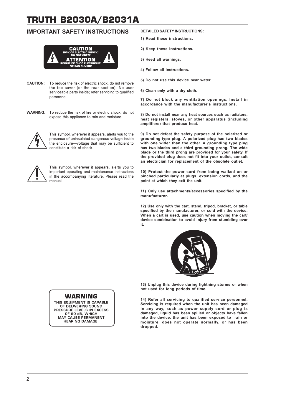 Important safety instructions | Behringer B2030A User Manual | Page 2 / 9