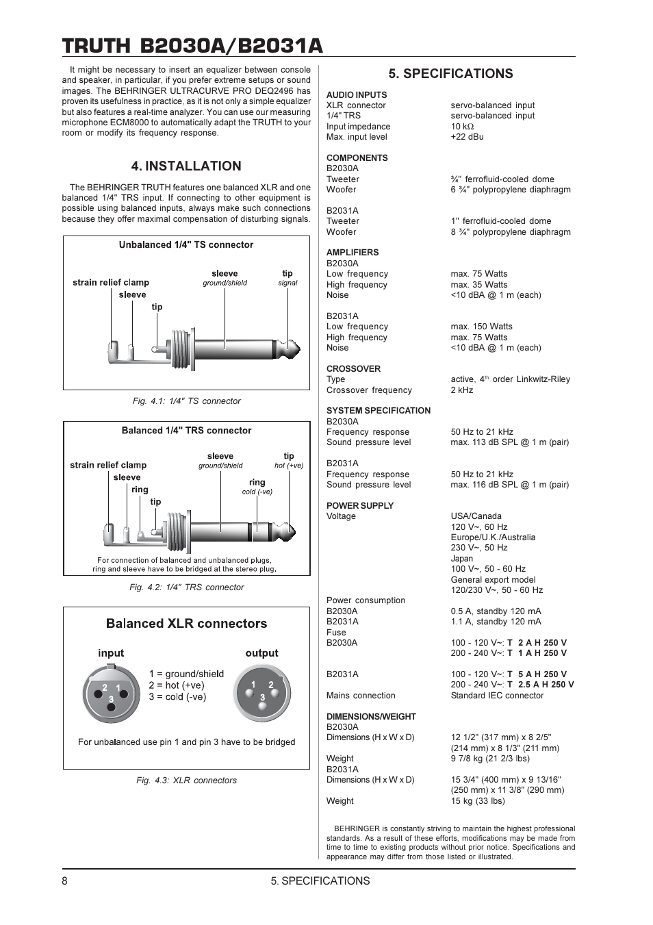 Installation, Specifications | Behringer B2030A User Manual | Page 8 / 9