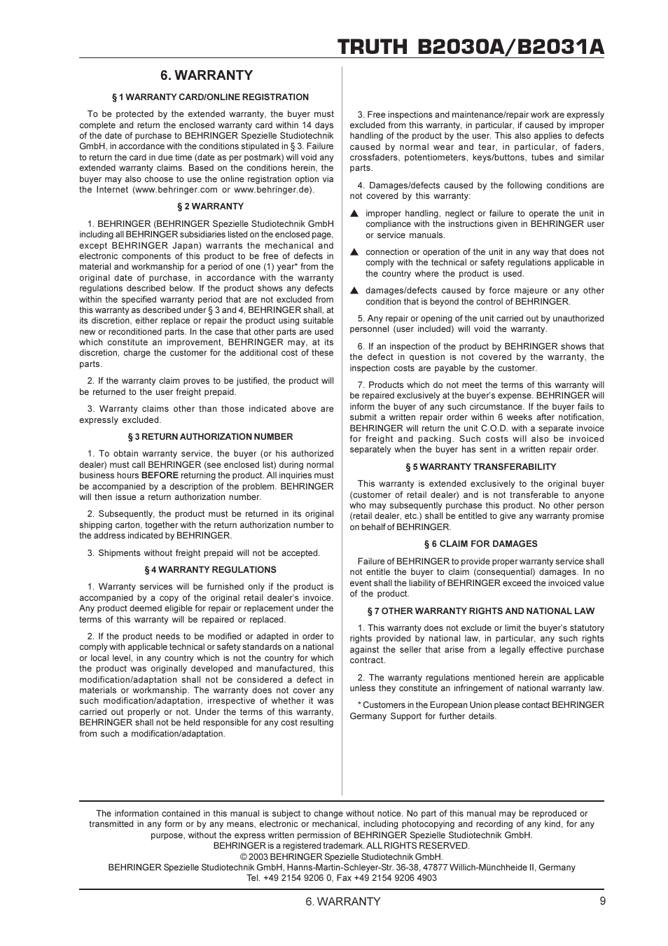 Warranty | Behringer B2030A User Manual | Page 9 / 9