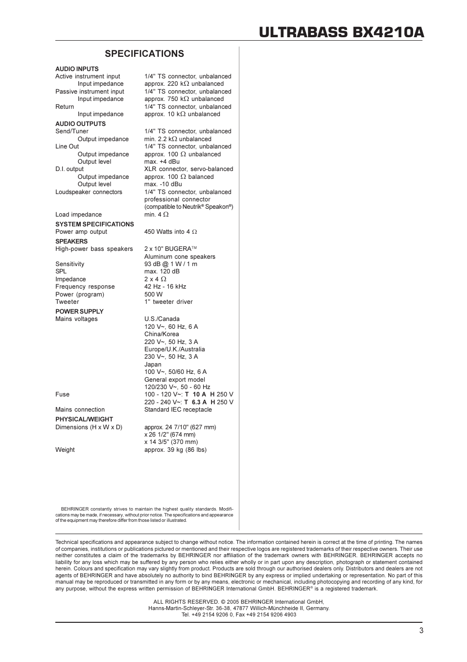 Ultrabass bx4210a, Specifications | Behringer ULTRABASS450-Watt Bass Workstation BX4210A User Manual | Page 3 / 3