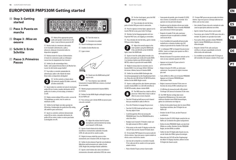 Europower pmp530m getting started, Step 3: getting started, Paso 3: puesta en marcha | Etape 3 : mise en oeuvre, Schritt 3: erste schritte, Passo 3: primeiros passos | Behringer EUROPOWER PMP530M User Manual | Page 8 / 13