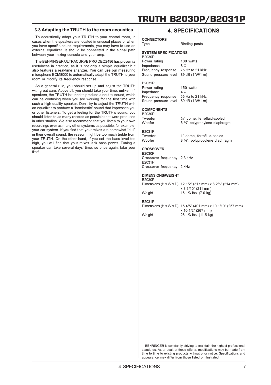 Specifications | Behringer TRUTH B2031P User Manual | Page 7 / 8