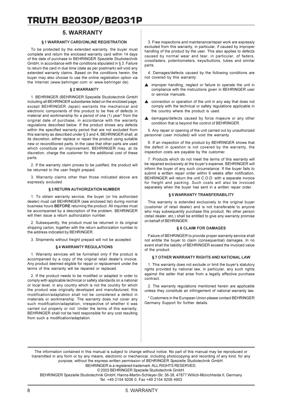Warranty | Behringer TRUTH B2031P User Manual | Page 8 / 8