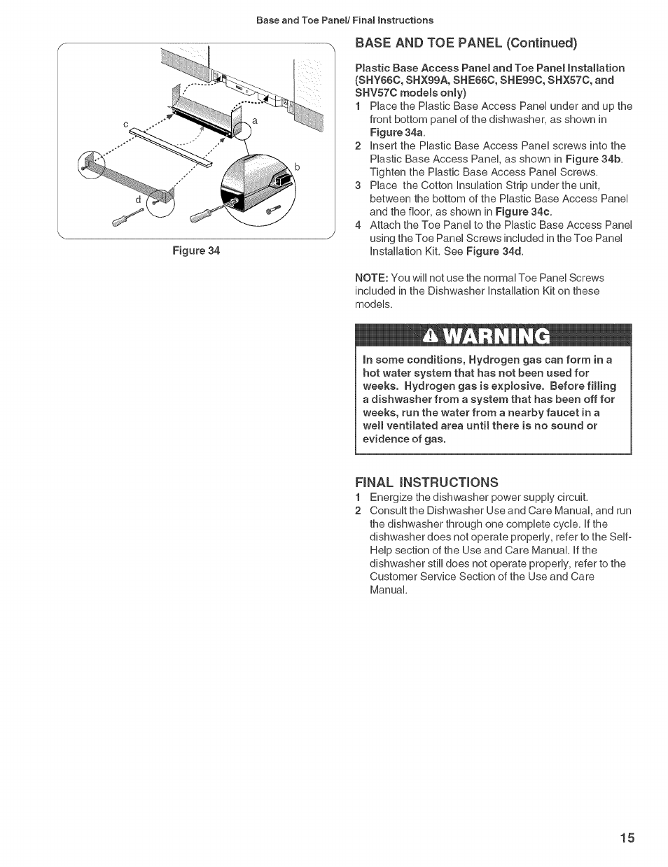 Base and toe panel (continyed), Iiwarnin, Final instructions | Bosch SHE660 User Manual | Page 16 / 21