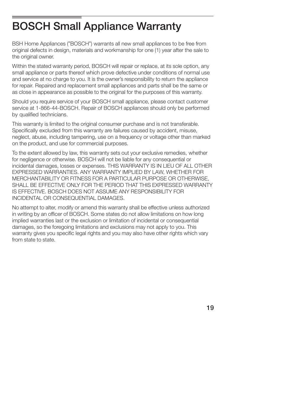 Bosch small appliance warranty | Bosch TCA 4101 UC User Manual | Page 19 / 56