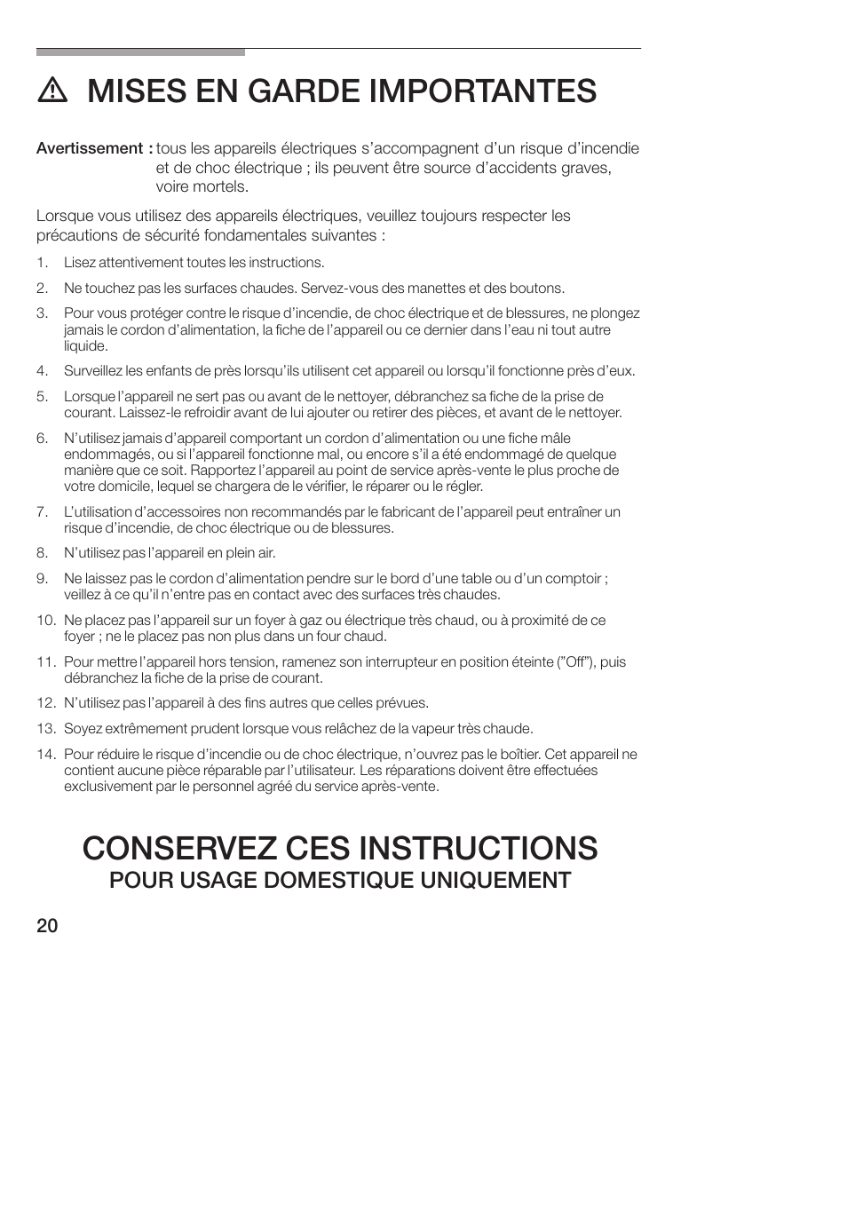 Mises en garde importantes, Conservez ces instructions, Pour usage domestique uniquement | Bosch TCA 4101 UC User Manual | Page 20 / 56