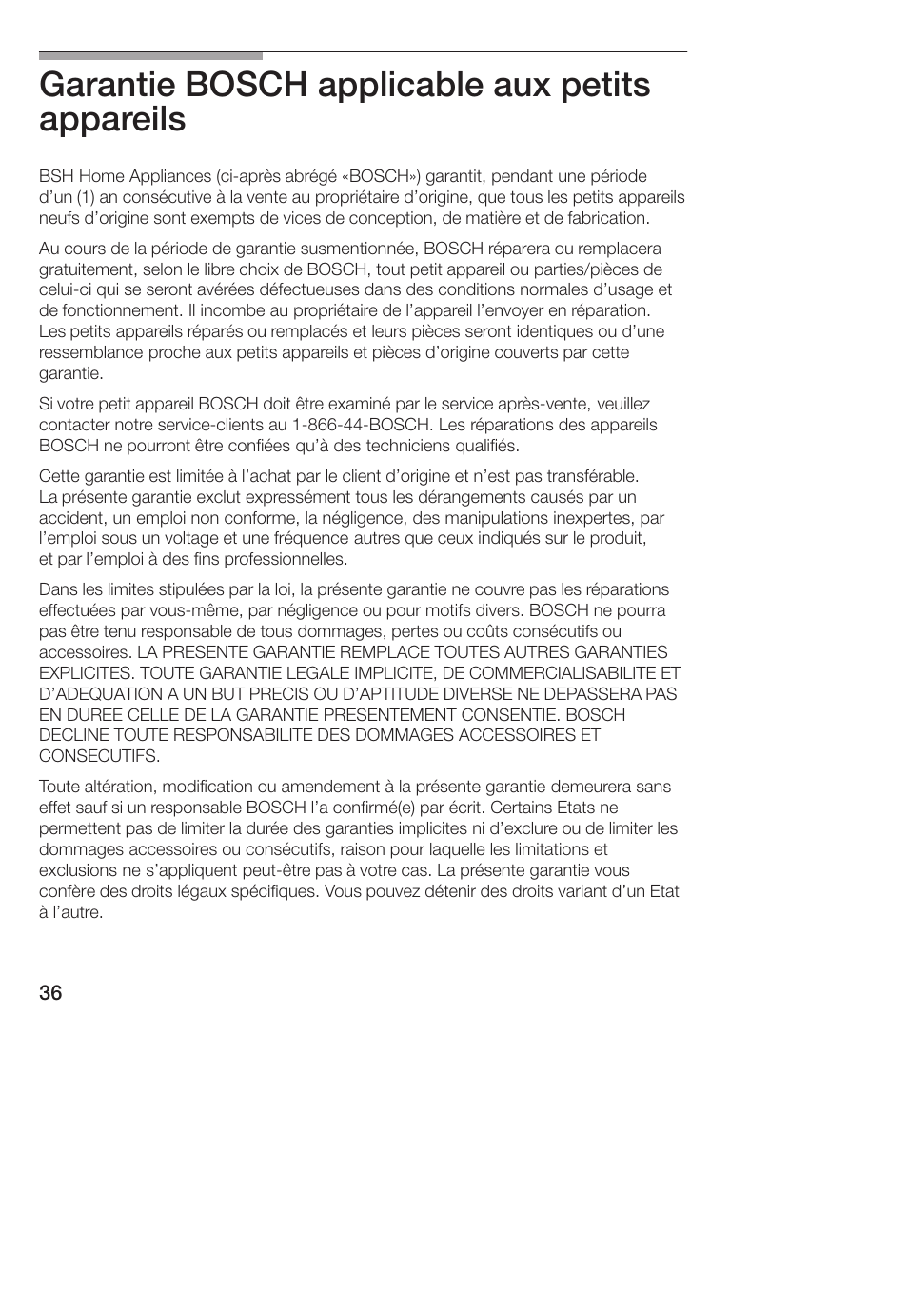Garantie bosch applicable aux petits appareils | Bosch TCA 4101 UC User Manual | Page 36 / 56