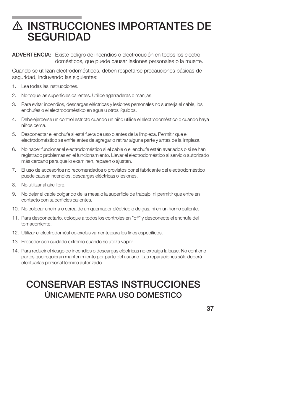 D instrucciones importantes de seguridad, Conservar estas instrucciones, Únicamente para uso domestico | Bosch TCA 4101 UC User Manual | Page 37 / 56