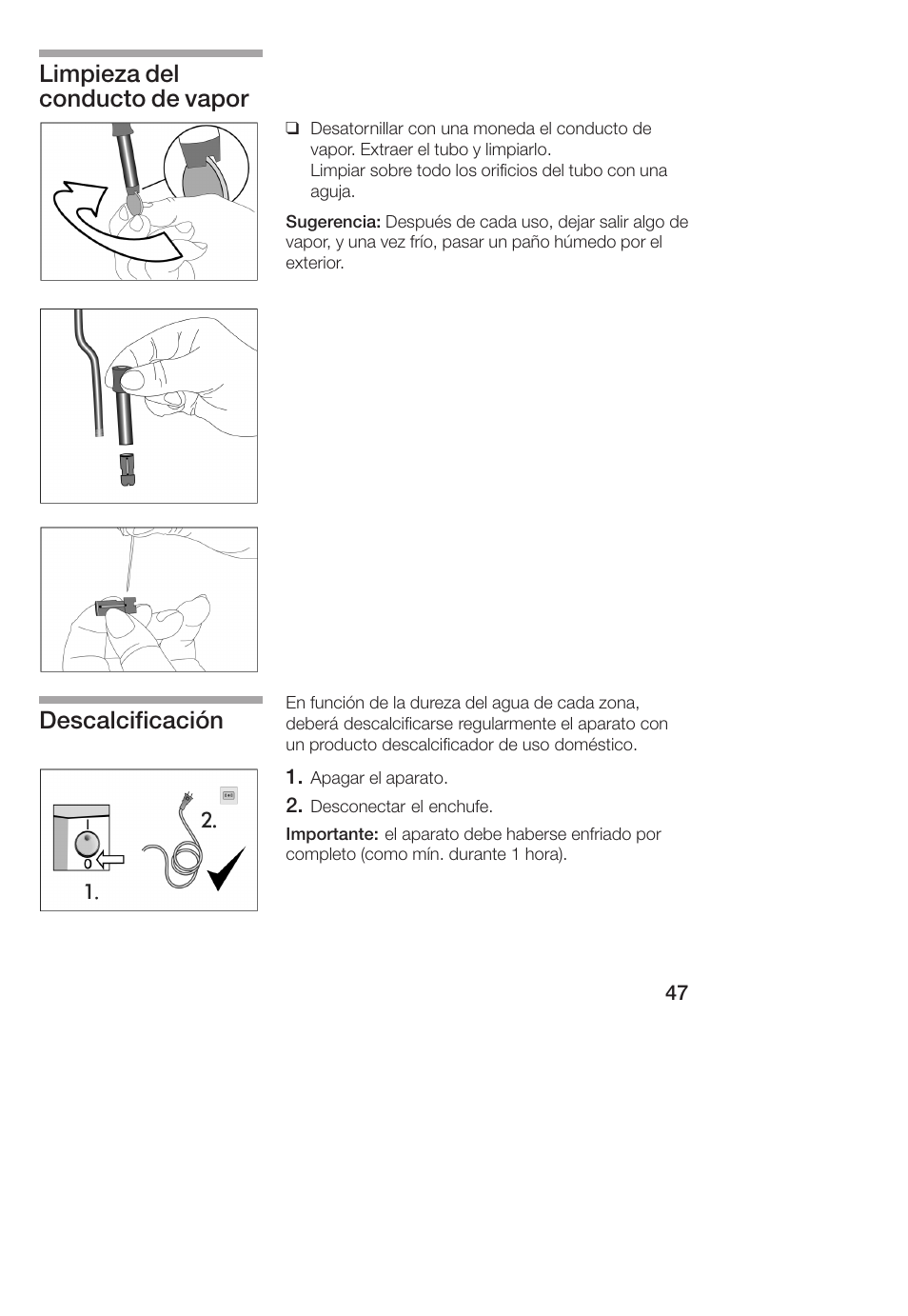 Limpieza del conducto de vapor descalcificación | Bosch TCA 4101 UC User Manual | Page 47 / 56