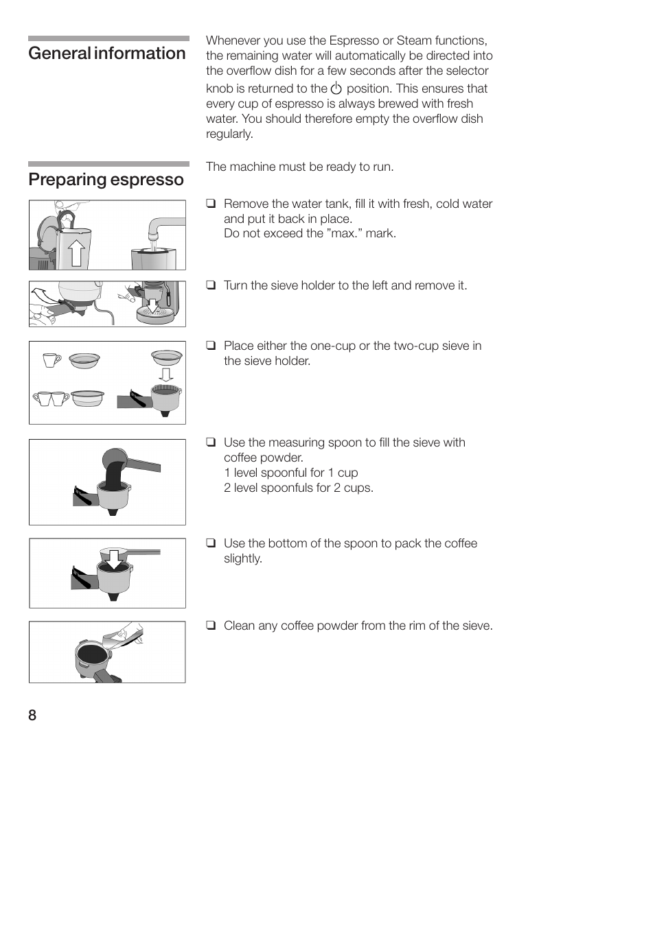 General information preparing espresso | Bosch TCA 4101 UC User Manual | Page 8 / 56
