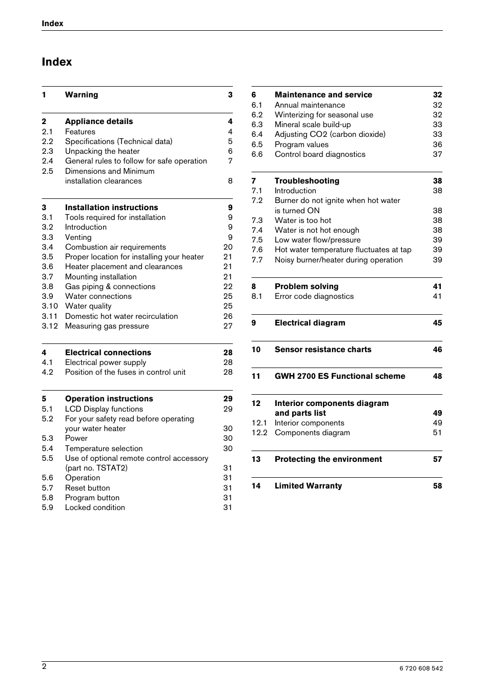 Index | Bosch GWH 2700 ES LP User Manual | Page 2 / 60