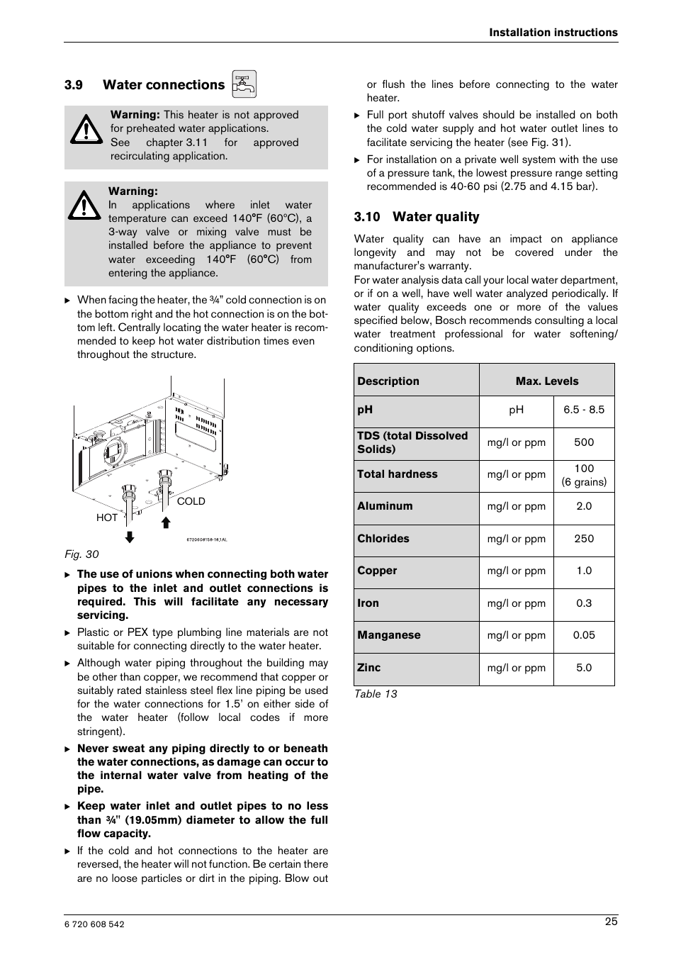 9 water connections, 10 water quality | Bosch GWH 2700 ES LP User Manual | Page 25 / 60